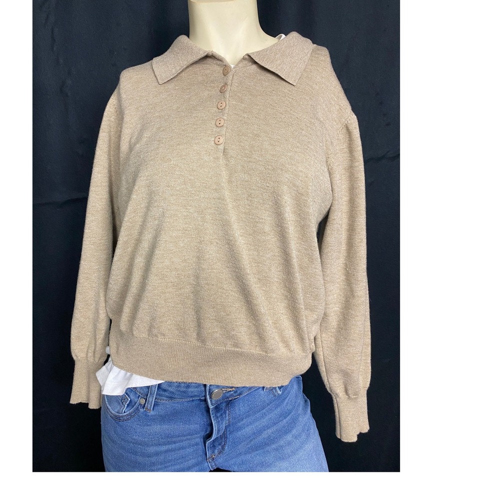 Womens Tan Collared Long Sleeve Pullover Sweater Size M